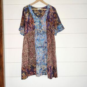 Go Fish Patchwork Tunic Dress Womens Size M Button Front Flowy Boho Hippie Artsy